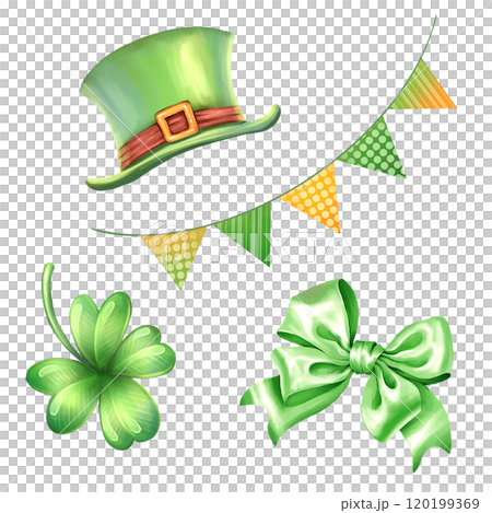 St. Patrick's day illustration with clover, shamrock, hat, garland and bow. Irish holiday elements for decoration. 120199369