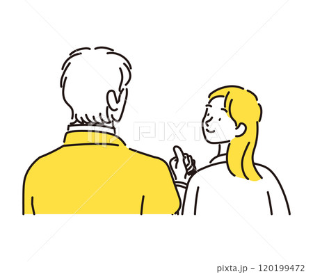 励ます笑顔の女性と励まされる男性のビジネスマンの手描きでシンプルなイラスト素材 120199472