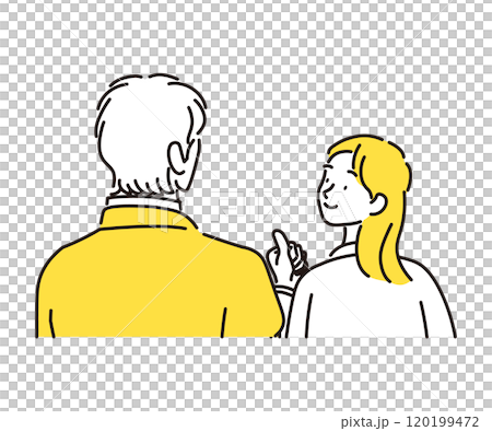 励ます笑顔の女性と励まされる男性のビジネスマンの手描きでシンプルなイラスト素材 120199472