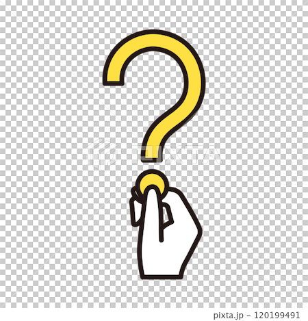 一手拿著表示問號或問號的圖像圖示的插圖材料 120199491