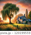 夕焼けに染まる田舎の風景 120199559