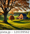 夕陽に照らされた農家と大樹 120199562
