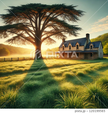 日の出が照らす石造りの家 120199565