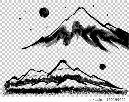 雪山　夜の山　手書きの筆イラスト 120199621