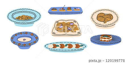 Set of Italian dishes. Pasta, lasagna, risotto, Ossobuco, pizza with mozzarella, gnocchi, ravioli, caprese, tiramisu. Vector illustration in modern style Set of Italian dishes. Pasta, lasagna, risotto, Ossobuco, pizza with mozzarella, gnocchi, ravioli, caprese, tiramisu. Vector illustration in modern style 120199778
