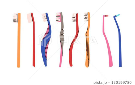Toothbrush vector set. Dentistry concept, oral care. Different toothbrushes designs. Teeth cleaning accessories. Colorful vector set Toothbrush vector set. Dentistry concept, oral care. Different toothbrushes designs. Teeth cleaning accessories. Colorful vector set 120199780