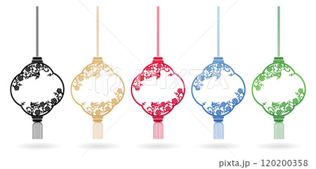 five color hanging chinese lanterns element with cherry blossom and birds ornaments isolated white backgrounds for accessories, invitation birthday cards, gift paper, screen printing glass and acrylic 120200358