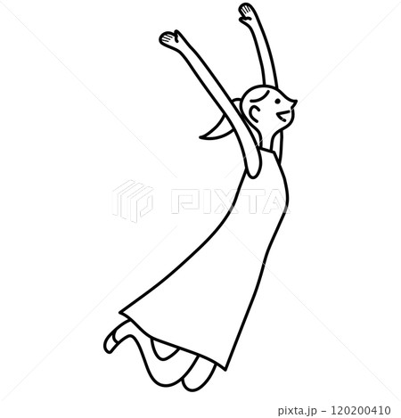 飛び跳ねる若い女性　モノクロ線画 120200410