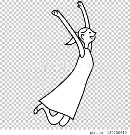 飛び跳ねる若い女性　モノクロ線画 120200410