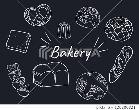 Bakeryの文字と色んなパンのお洒落な線画イラスト 120200821