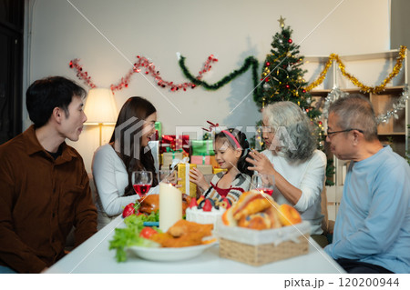 Dinner and Family holiday celebrating, together at Merry Christmas and  New Year. in a cozy festive home setting. 120200944
