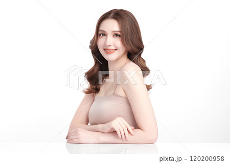 Beautiful young asian woman with clean fresh skin on white background, Face care, Facial treatment, Cosmetology, beauty and spa, Asian women portrait. 120200958