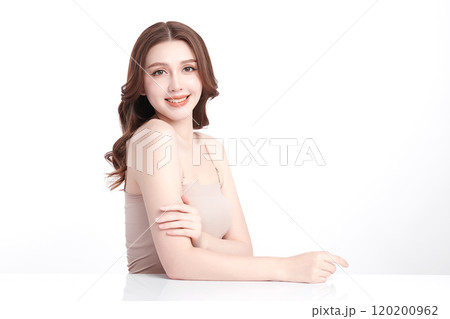Beautiful young asian woman with clean fresh skin on white background, Face care, Facial treatment, Cosmetology, beauty and spa, Asian women portrait. Beautiful young asian woman with clean fresh skin on white background, Face care, Facial treatment, Cosmetology, beauty and spa, Asian women portrait. 120200962