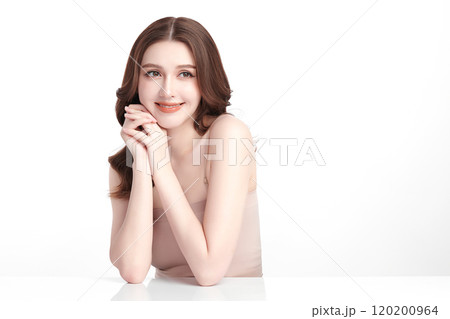 Beautiful young asian woman with clean fresh skin on white background, Face care, Facial treatment, Cosmetology, beauty and spa, Asian women portrait. Beautiful young asian woman with clean fresh skin on white background, Face care, Facial treatment, Cosmetology, beauty and spa, Asian women portrait. 120200964