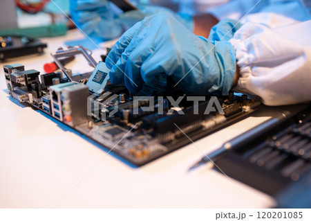 Close up of Technician measuring voltage electronic circuit board, Service after sale fix electric equipment. 120201085