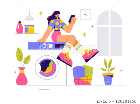 Vector Illustration of a Laundry Room with Washing and Drying Machines, a Basket Filled with Dirty Clothes in a Flat Style Cartoon Background Vector Illustration of a Laundry Room with Washing and Drying Machines, a Basket Filled with Dirty Clothes in a Flat Style Cartoon Background 120201150