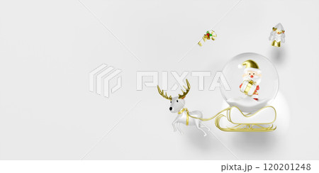 3d Santa Claus holding gift box in snow globe glass transparent on sleigh with reindeer isolated on white background. happiness cards, merry christmas, festive New Year concept, 3d render illustration 120201248