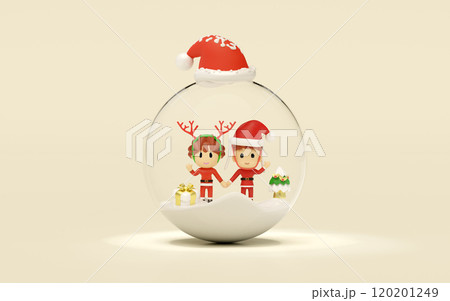3d Santa Claus boy girl in snow globe glass transparent with gift box, christmas tree isolated on beige background. happiness cards, merry christmas, festive New Year concept, 3d render illustration 120201249
