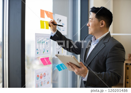 Asian businessman analyzing charts on window with digital tablet Asian businessman analyzing charts on window with digital tablet 120201486