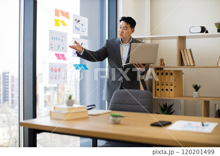 Asian businessman presenting data during video call in modern office 120201499