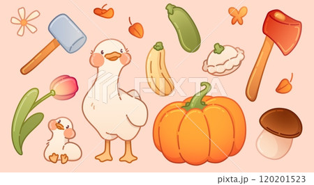 Autumn farm harvest and ducks set Autumn farm harvest and ducks set 120201523