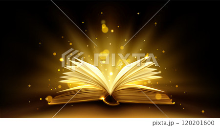 Open book with shining pages on black Open book with shining pages on black 120201600