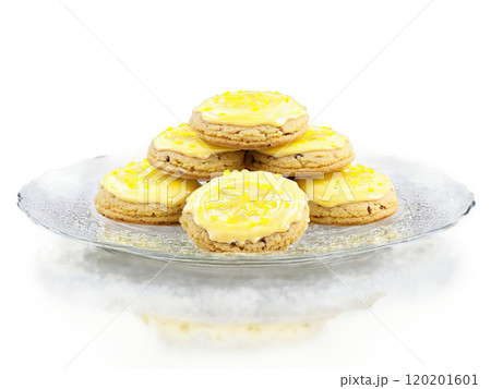 Cookies lemon glazed cookies with a soft center on a transparent glass dish zesty 120201601
