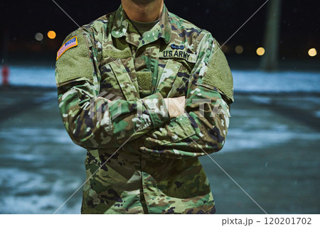 True soldiers stand their ground. Cropped shot of a soldier standing outside on a cold night at a military academy. 120201702