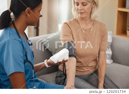 Blood pressure, detect and protect. Shot of a doctor examining a senior woman with a blood pressure gauge at home. Blood pressure, detect and protect. Shot of a doctor examining a senior woman with a blood pressure gauge at home. 120201734