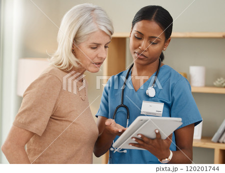 Same expert care from the comfort of home. Shot of a doctor using a digital tablet during a consultation with a senior woman at home. 120201744