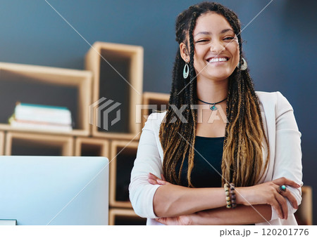Ive finally started my own business. Cropped portrait of an attractive young woman standing with her arms crossed in her home office. Ive finally started my own business. Cropped portrait of an attractive young woman standing with her arms crossed in her home office. 120201776