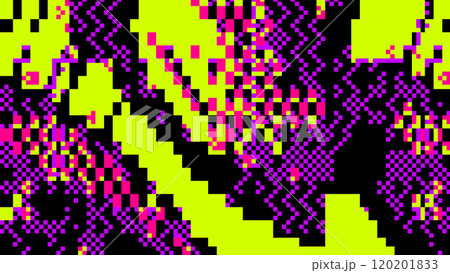 Abstract glitch art with pixelated green and purple patterns on black background 120201833