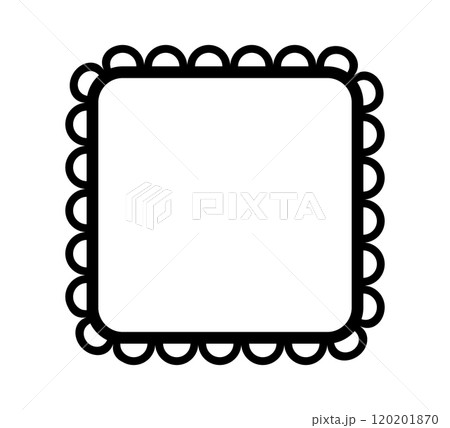 Scalloped edge square frame. Simple rectangle scalloped border. Fabric lace pattern frame. Repeat cute vintage frill ornament. Texture ribbon. Vector illustration isolated on white background 120201870