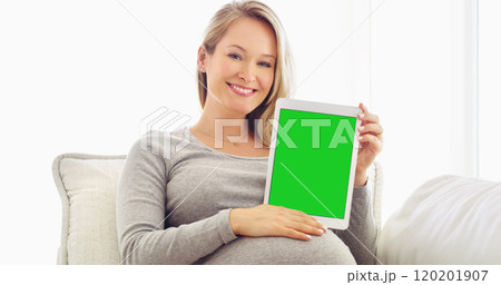 Display your pregnancy information here. Shot of a pregnant woman holding up a tablet at home. Display your pregnancy information here. Shot of a pregnant woman holding up a tablet at home. 120201907