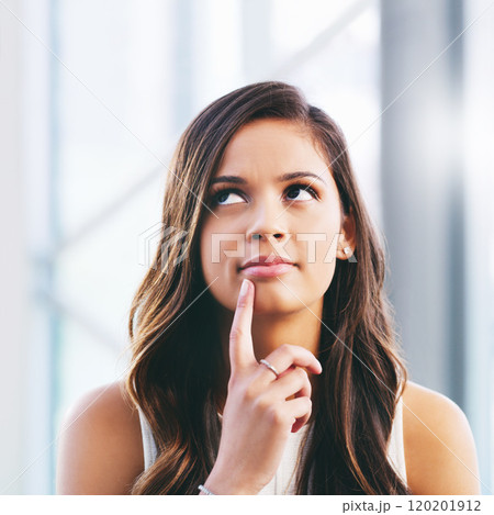 Might it be time to revamp my brand. Shot of a young businesswoman looking away thoughtfully in a modern office. Might it be time to revamp my brand. Shot of a young businesswoman looking away thoughtfully in a modern office. 120201912