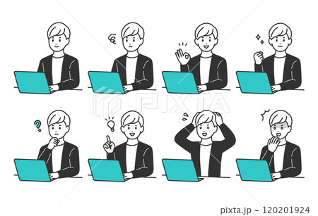 パソコンを見ながらいろいろな表情・ポーズをする若い男性のセット【人物ベクターイラスト素材】 パソコンを見ながらいろいろな表情・ポーズをする若い男性のセット【人物ベクターイラスト素材】 120201924