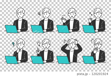 パソコンを見ながらいろいろな表情・ポーズをする若い男性のセット【人物ベクターイラスト素材】 パソコンを見ながらいろいろな表情・ポーズをする若い男性のセット【人物ベクターイラスト素材】 120201924