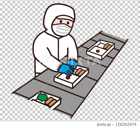 A worker in a white sanitary uniform prepares lunch boxes on the assembly line at a food factory 120202074