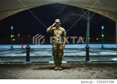 They dont call it home of the brave for nothing. Shot of a young soldier standing at a military academy and saluting. 120202166