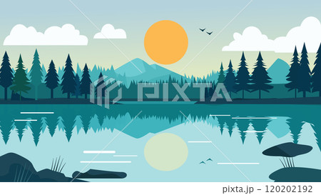 Mountain Nature Landscape with River Lake and Pine Tree in Snow Winter Season 120202192
