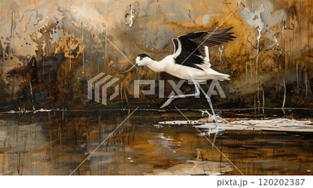 Wading Pied avocet. Generative AI Wading Pied avocet. Generative AI 120202387