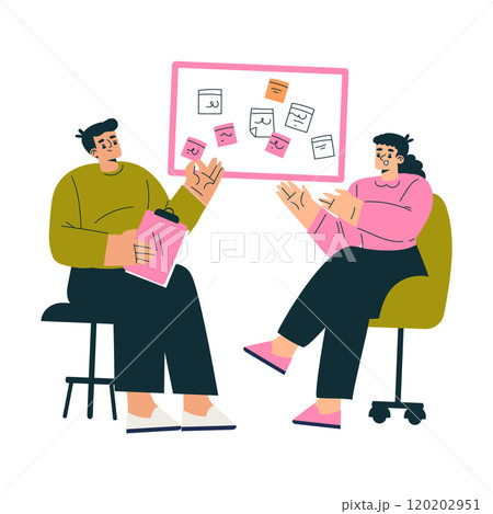 Productive Workflow with Man and Woman at Board Managing and Discuss Task Vector Illustration 120202951