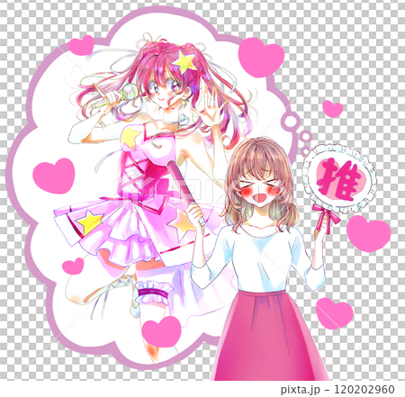 推し活をする女性と女性アイドル　赤色 120202960