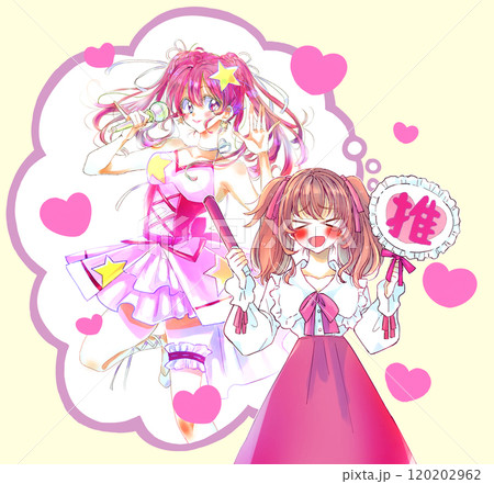 推し活をする女性と女性アイドル 赤色 推し活をする女性と女性アイドル 赤色 120202962