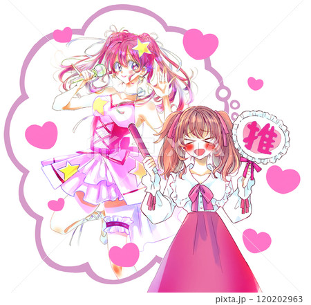 推し活をする女性と女性アイドル 赤色 推し活をする女性と女性アイドル 赤色 120202963