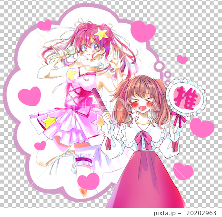 推し活をする女性と女性アイドル 赤色 推し活をする女性と女性アイドル 赤色 120202963