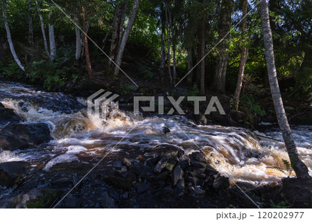 Landscape with cascade waterfalls of Ruskeala on a summer day Landscape with cascade waterfalls of Ruskeala on a summer day 120202977