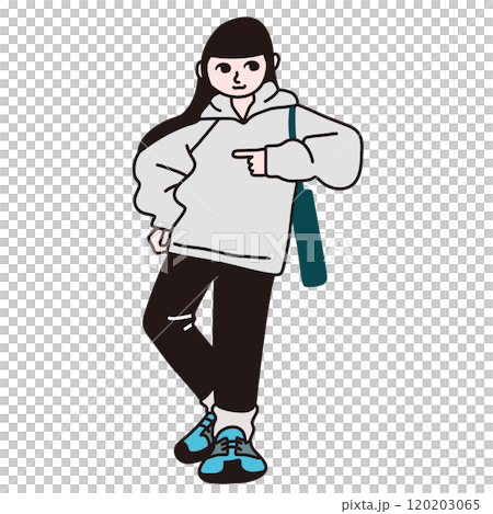 パーカーを着た女性全身ベクター線画 120203065