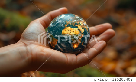 A human hand gently holding a small globe representing Earth. 120203408