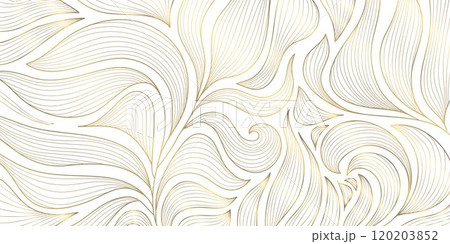 Vector art deco floral pattern, wavy luxury golden line background. Leaves texture, line design for interior, textile, poster, package, wrappers, gifts 120203852